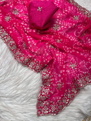 Beautiful Soft Georgette Bandhej Sequence & Thread Work Saree