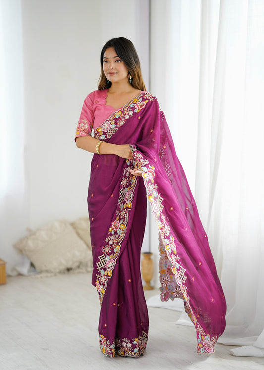 Designer Cutwork Embroidery Noha Crush Saree With Mono Silk Blouse