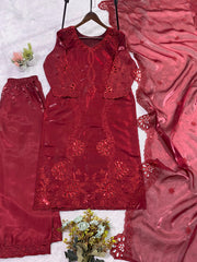 Party-wear Glass Roman Silk Sequence Embroidery With Cutwork Designer Suit