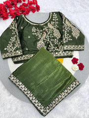Beautiful Blooming Chinnon Peding Silk Saree With Stitched Blouse