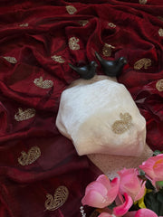 Beautiful Fendy Chiffon Silk Siroski & Val Moti Heart Cutwork Border Saree