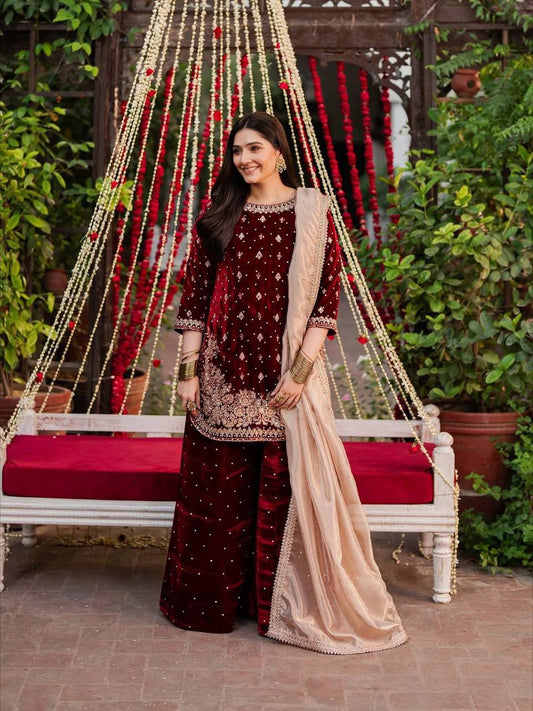 Elegant Ethnic Viscose Velvet Thread & Sequence With Pearl Work Suit