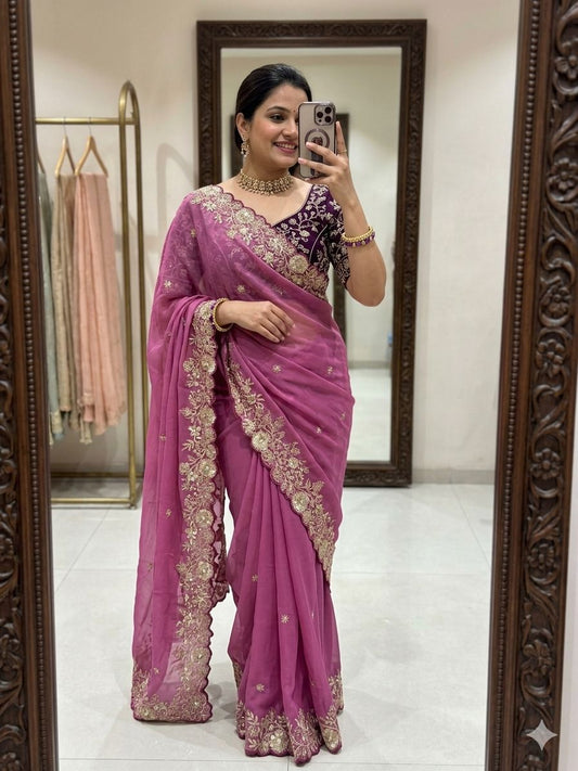 Beautiful Georgette Sequence With Cutwork Border Saree