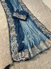 Beautiful Peding Chinon Multi Work & Butta In Whole Saree