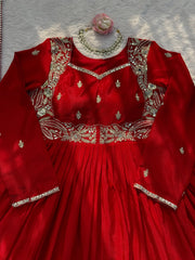 Royal Red Chinon Silk Coding Sequence With Real Mirror Work Gown