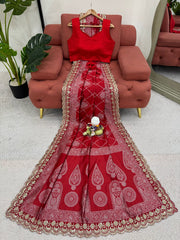 Red Beautiful Designer Kota Silk Jacquard With Coding & Sequence Lace Work Saree