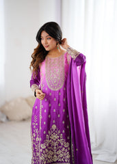 Party-wear Shaded Chinon Silk Coding Sequence & Thread Work Suit