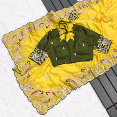 Beautiful Chinon Silk With Heavy Embroidery Thread Codding & Sequins Work Saree