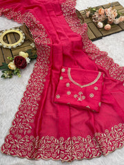 Party-wear Heavy Blooming Vichitra Silk Embroidery Work Saree