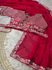 Party-wear Shining Moss Silk Embroidery With Sequence Work Saree With Stitched Blouse