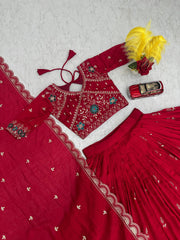 Festival Special Blooming Vichitra Silk Embroidery Thread Lehenga With Stitched Blouse