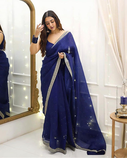 Beautiful Blue Party-wear Beautiful Organza Silk & Designer Saree