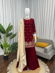 Elegant Ethnic Viscose Velvet Thread & Sequence With Pearl Work Suit