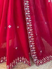 Trending Designer Cherry Red Fendy Silk Beads Thread & Sequence Work Saree