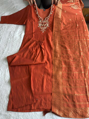 Beautiful Rust Orange Roman Silk Hand Work Dress