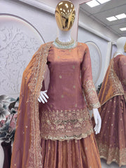 Party-wear Designer Two Tone Embroidery Sequence Work Top Dupatta With Lehenga