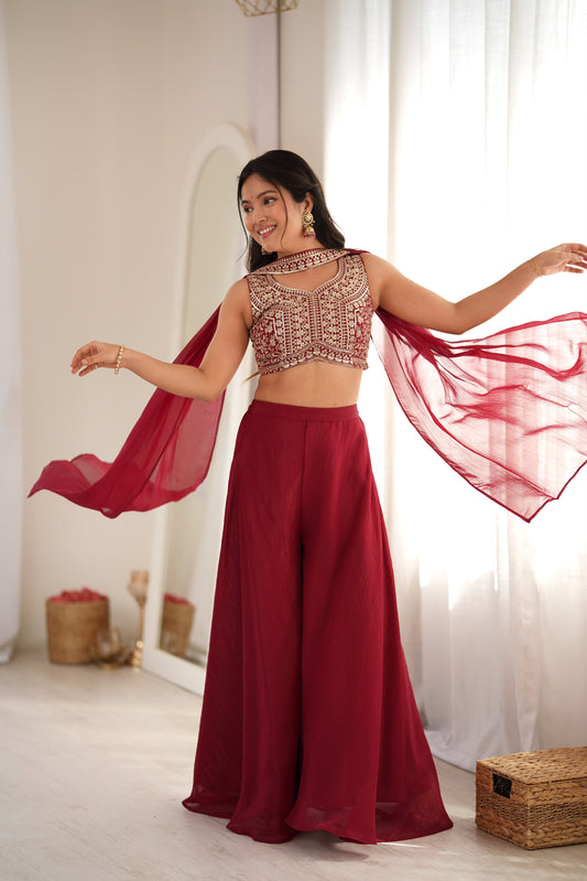 Indo-western Crunchy Silk Crop Top Palazzo Set