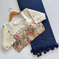 Beautiful Khadi Cotton Saree With Heavy Embroidery Work Stitched Blouse