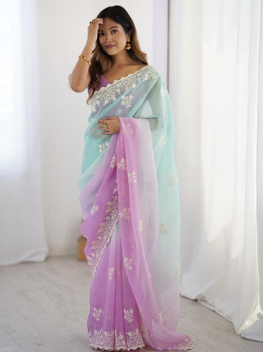 Trendy Crunchy Peding Cotton Thread Embroidery Work Saree