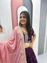 Festive Special Chinon Silk Embroidery Sequence Work Lehenga With Stitched Blouse