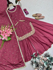 Partywear Chinon Silk Embroidery Sequence & Moti Work Sharara