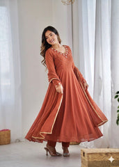 Party-Wear Georgette Handwork Neck Sleeve Fully Stitched Gown