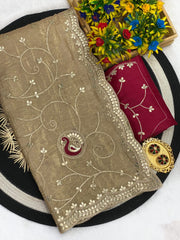 Beautiful Gold Crush Multi Coding Embroidery Work Designer Saree