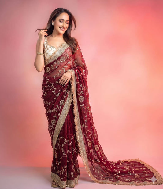 Party-wear Space Satin Silk Bits Sequence Work Saree