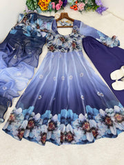 Party-wear Organza Tabby Silk With Digital Printed Gown