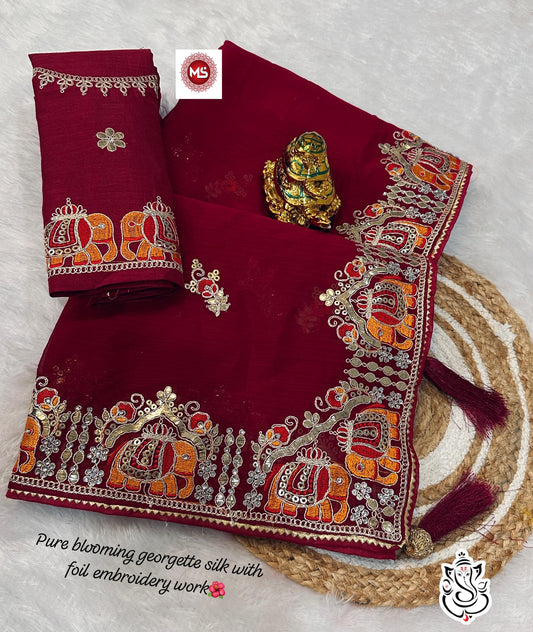 Beautiful Heavy Silky Blooming Georgette Multi Work Saree