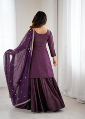 Elegant Wine Purple Chanderi Silk Embroidery Kurta Lehenga Set With Dupatta