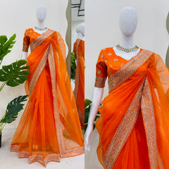 Party-wear Organza Thread & Sequence With Diamond Work Saree