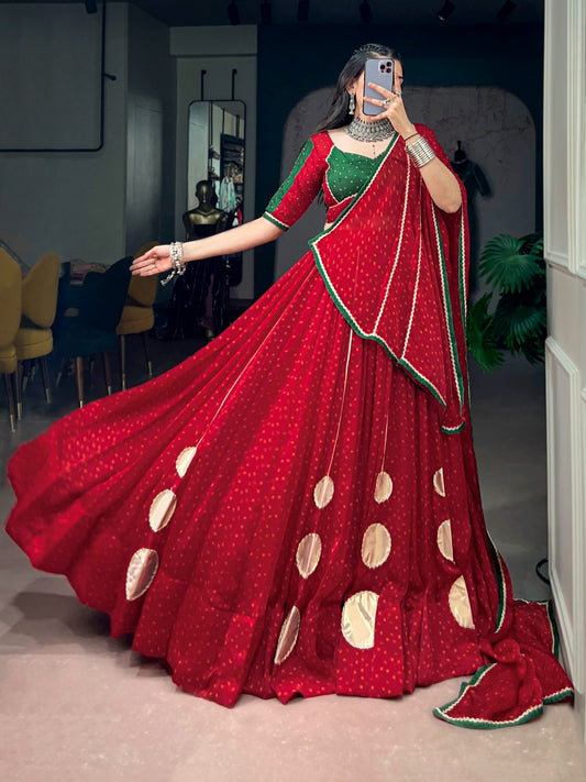 Navratri Nights Special Bandhej Print On Satin Chiffon Gotta Patch Work Lehenga With Stitched Choli