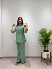Trendy Stylish Salsa Silk Designer Shirt & Pant With Hand Embroidery Shrug