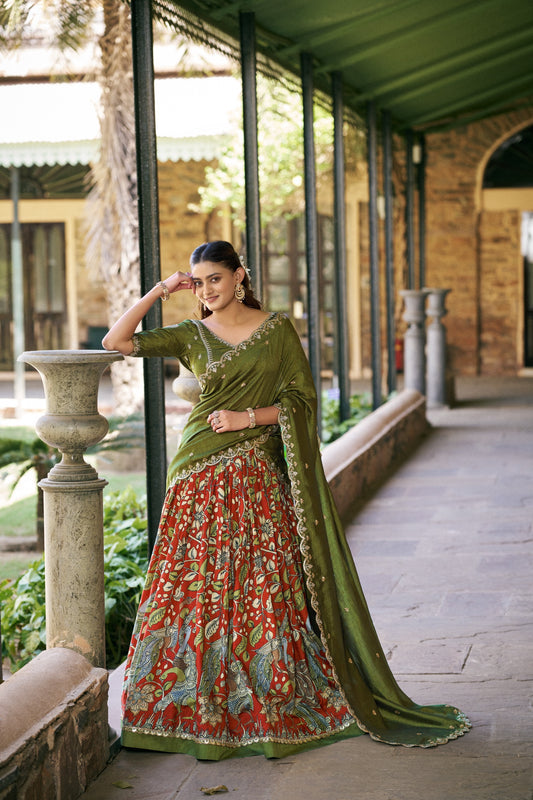 Beautiful Tasar Silk Kalamkari Printed Lehenga Choli