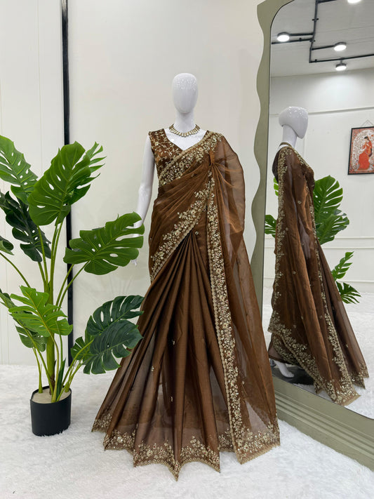 Beautiful Brown Burberry Silk Thread With Sequence Work Saree