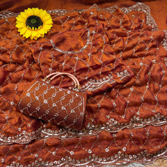 Party-wear Space Silk With Real Gold Beads With Cutwork Border Saree