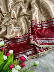 Beautiful Rich Golden-Beige And Maroon Silk Zari Weaving Saree