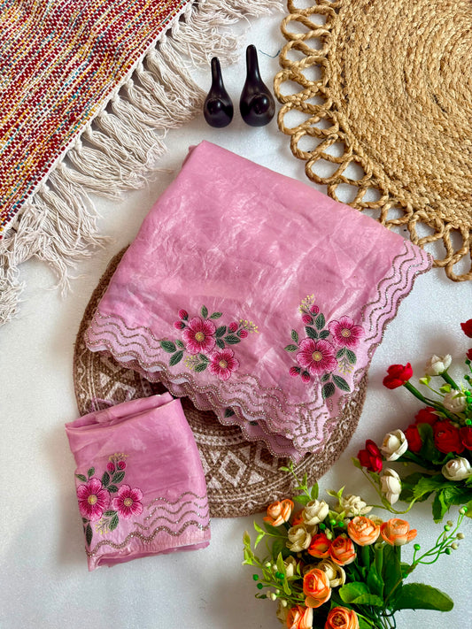 Beautiful Fendy Silk Satin Zarkhan Diamond With Flower Printed Saree
