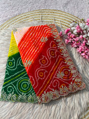 Beautiful Multi Shaded Lehriya With Silver Zari Sequence Shiny Leaf Work Saree