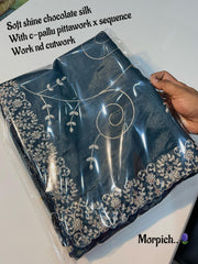 Beautiful Soft Shine Chocolate Silk Fabric Sequence & Cut work Saree