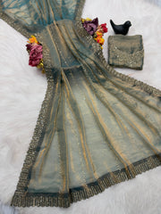 Beautiful Party-wear Satin Space Silk Zarkhan Diamond Work Saree