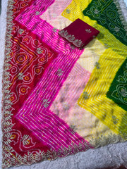 Beautiful Multi Shaded Lehriya With Silver Zari Sequence Shiny Leaf Work Saree