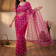 Party-wear Soft Net Real Beads With Moti Work Saree