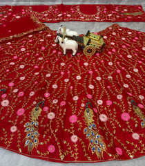 Royal Red Glamours Soft Net Embroidery Sequence Work Lehenga Choli