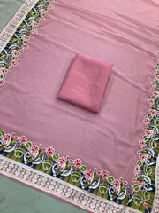 Beautiful Pink Party-wear Soft Georgette Embroidery Work Saree