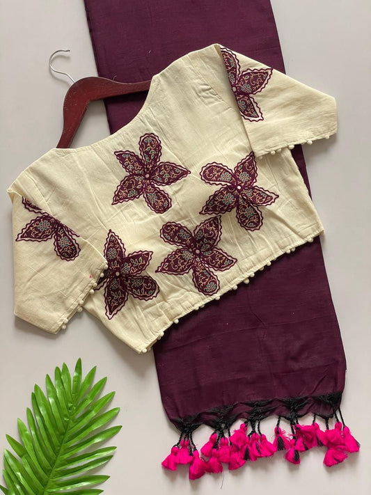 Beautiful Pure Khadi Cotton With Apllic Work Star Designer Blouse Saree