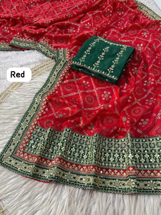 Beautiful Fendy Satin Rich Look Bandej Foil Work Saree