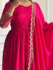 Beautiful Pink Blooming Vichitra Silk Embroidery Sequence Designer Work Gown
