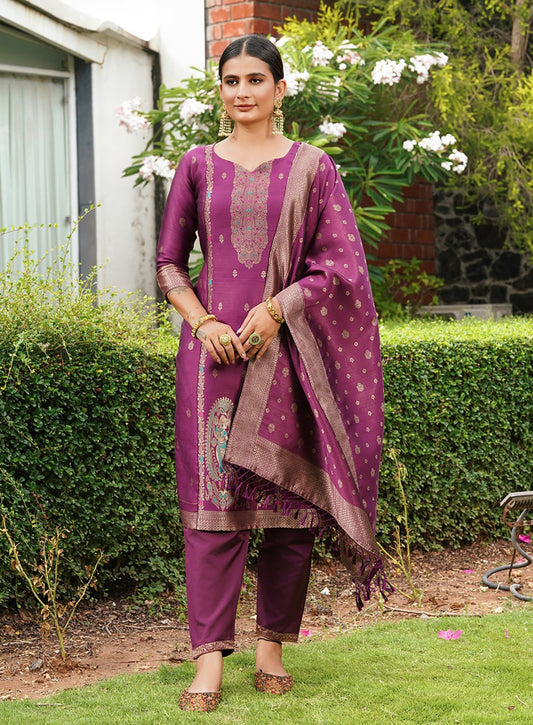 Beautiful Jacquard Silk Woven Designer Straight Suit
